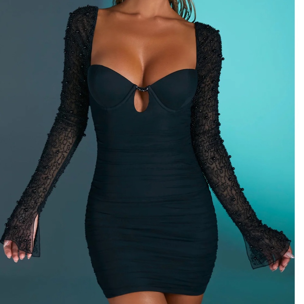Oh Polly Long Sleeve Embellished Mini Dress in Black